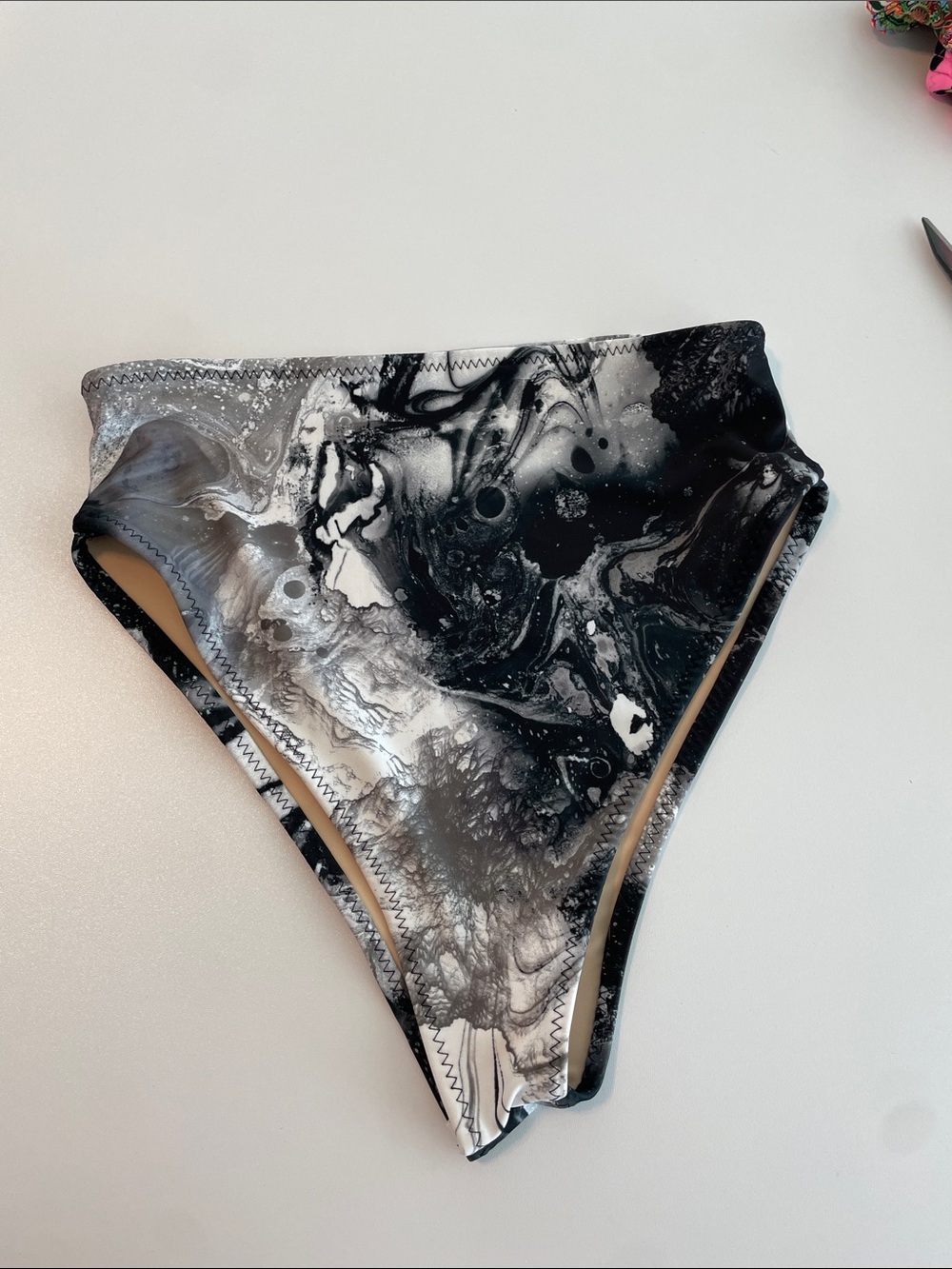 High-Waist Marble Print Swim Bottoms - Black & White